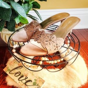 Anne Klein | Leather Rhinestone Floral Heels|Tan